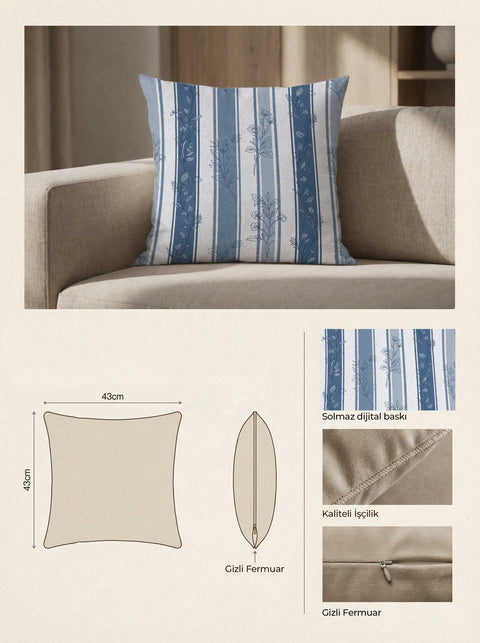 Mavi Beyaz Çizgili Country Çiçekli Kırlent Kılıfı