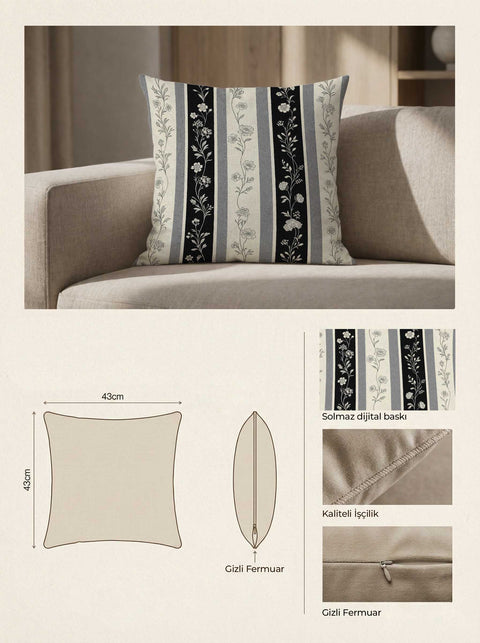 Siyah Beyaz Çizgili Çiçek Sarmaşık Desenli Kırlent Kılıfı