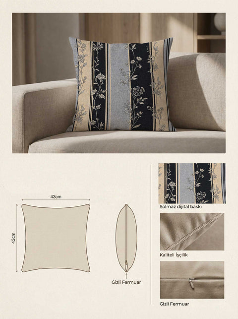 Rustik Çizgili Çiçekli Kırlent Kılıfı