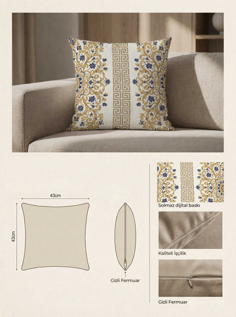 Altın Varak ve Mavi Barok Motifli Kırlent Kılıfı