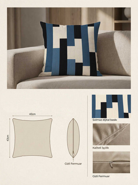 Mavi Siyah Geometrik Blok Desenli Kırlent Kılıfı