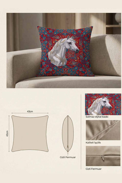 Çini Motifli Beyaz At Desenli Kırlent Kılıfı