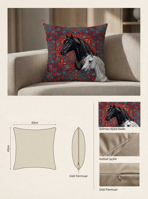 Çini Motifli Siyah & Beyaz At Desenli Kırlent Kılıfı