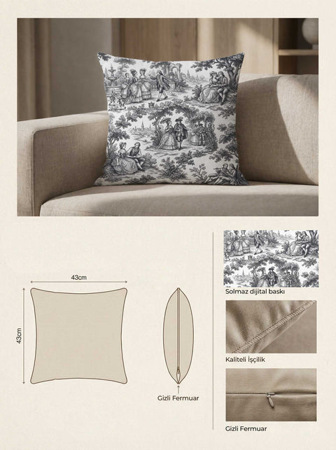 Siyah Beyaz Klasik Toile Desenli Kırlent Kılıfı