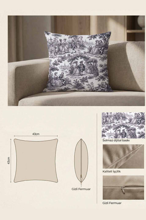 Siyah Beyaz Klasik Toile Desenli Kırlent Kılıfı