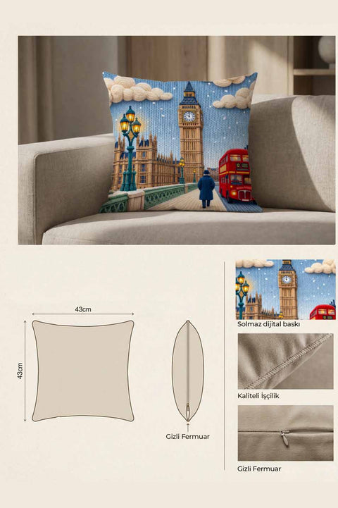 Örgü Görünümlü Londra Temalı Kırlent Kılıfı