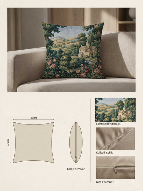 İtalyan Köyü Manzaralı Goblen Görünümlü Kırlent Kılıfı