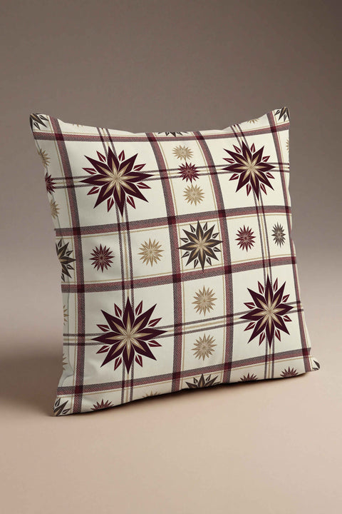 Bordo Yıldız Ekose Desenli Vintage Kırlent Kılıfı