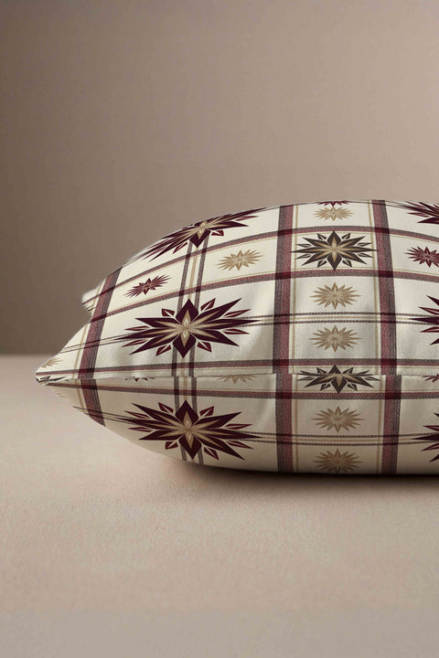 Bordo Yıldız Ekose Desenli Vintage Kırlent Kılıfı