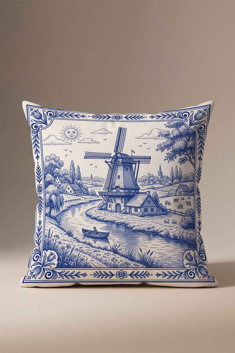 Delftware Hollanda Değirmen Kırlent Kılıfı