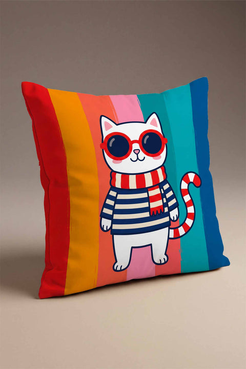 Marine Kedi Retro Çizgili Kırlent Kılıfı