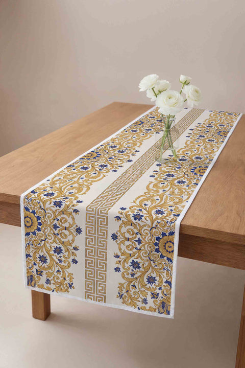 Altın Varak ve Mavi Barok Motifli Runner