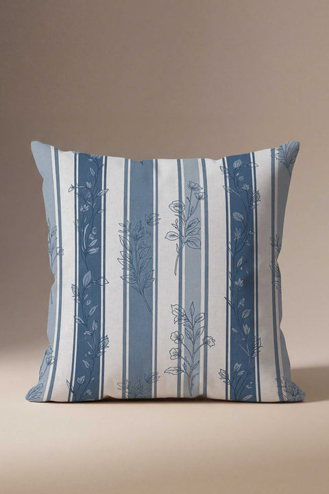 Mavi Beyaz Çizgili Country Çiçekli Kırlent Kılıfı