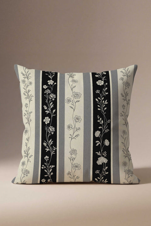 Siyah Beyaz Çizgili Çiçek Sarmaşık Desenli Kırlent Kılıfı