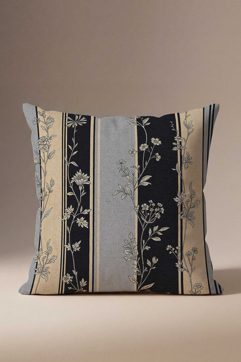 Rustik Çizgili Çiçekli Kırlent Kılıfı