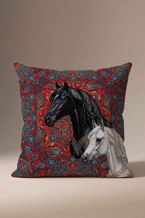 Çini Motifli Siyah & Beyaz At Desenli Kırlent Kılıfı