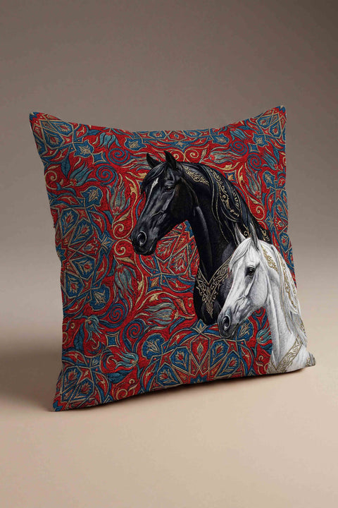 Çini Motifli Siyah & Beyaz At Desenli Kırlent Kılıfı