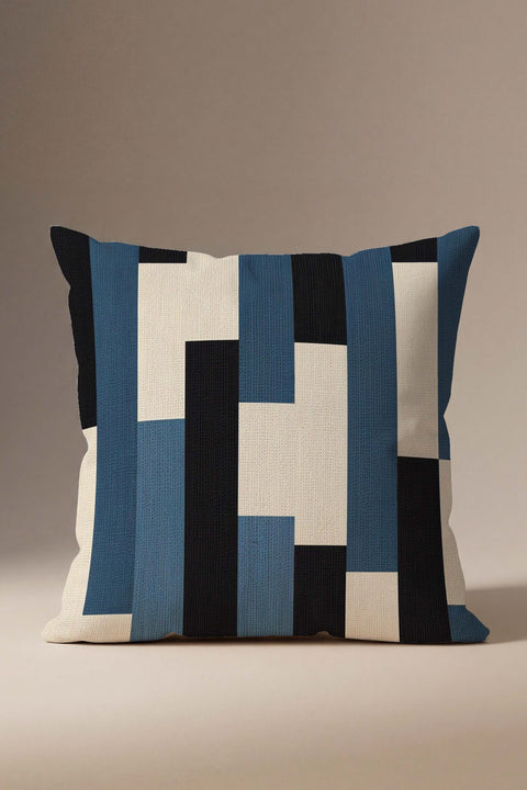 Mavi Siyah Geometrik Blok Desenli Kırlent Kılıfı