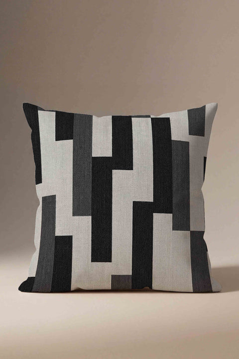 Gri Siyah Geometrik Blok Desenli Kırlent Kılıfı