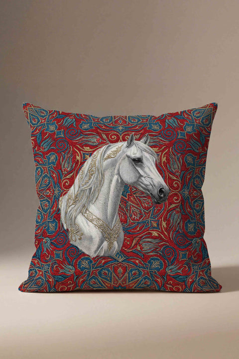 Çini Motifli Beyaz At Desenli Kırlent Kılıfı