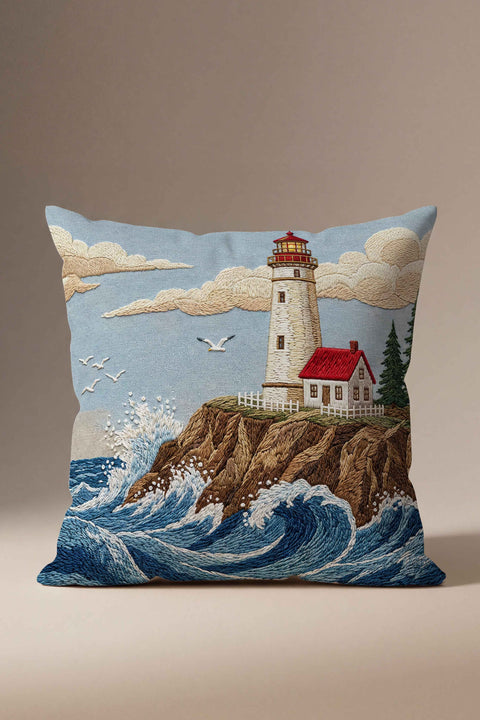 Örgü Görünümlü Deniz Feneri Temalı Kırlent Kılıfı