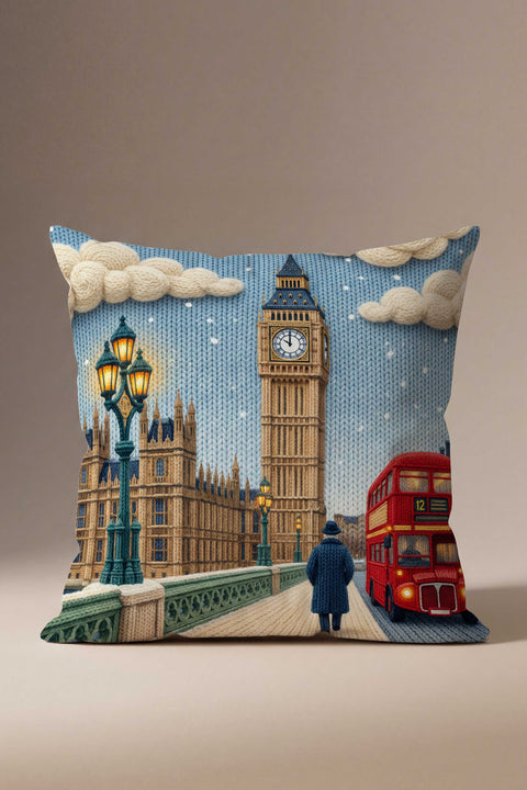Örgü Görünümlü Londra Temalı Kırlent Kılıfı