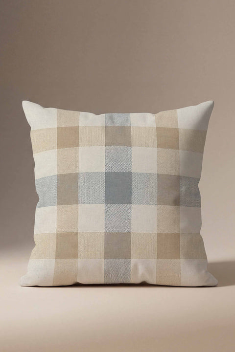 Bej Mavi Büyük Kareli Desenli Kırlent Kılıfı