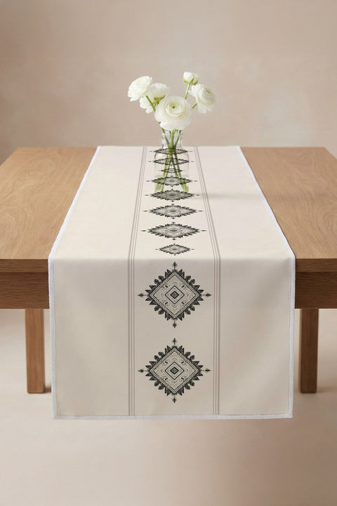 Krem Zemin Etnik Baklava Motifli Runner