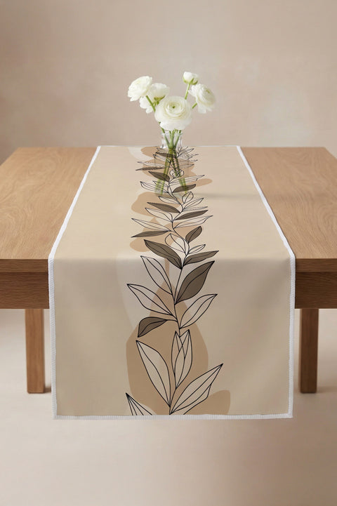 Bej Zemin Minimal Yaprak Desenli Runner