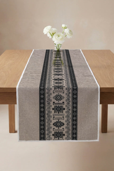 Gri Keten Görünümlü Etnik Şeritli Runner