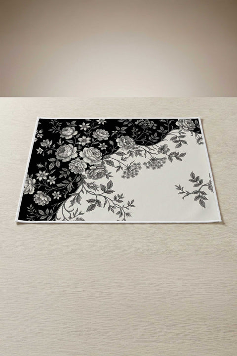 Siyah Beyaz Kontrast Gül Desenli Amerikan Servis