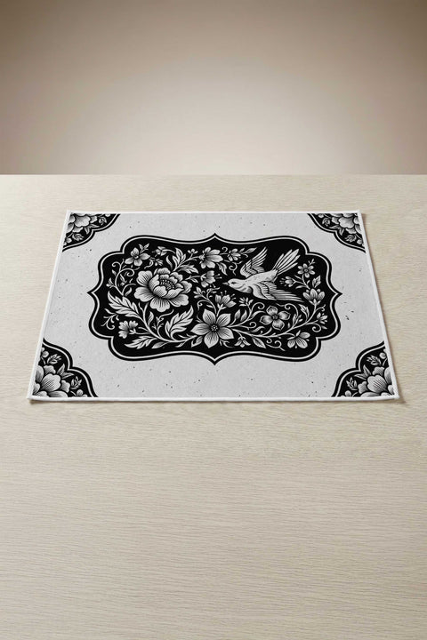 Siyah Zemin Kuş ve Çiçek Motifli Amerikan Servis