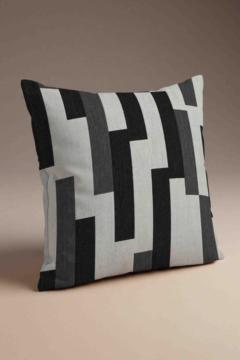 Gri Siyah Geometrik Blok Desenli Kırlent Kılıfı