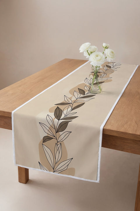 Bej Zemin Minimal Yaprak Desenli Runner