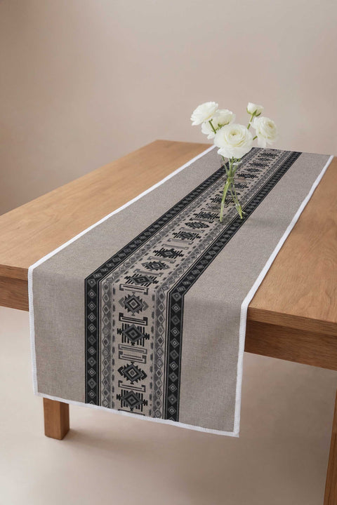 Gri Keten Görünümlü Etnik Şeritli Runner