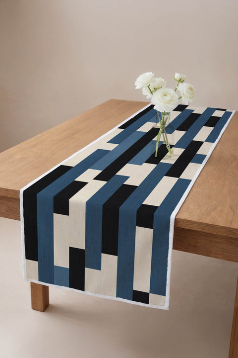 Mavi Siyah Geometrik Blok Desenli Runner