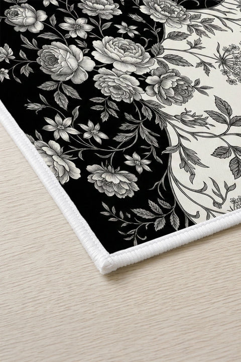 Siyah Beyaz Kontrast Gül Desenli Amerikan Servis