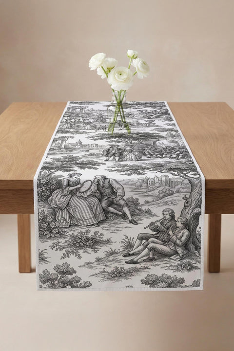 Siyah Beyaz Klasik Toile Desenli Runner