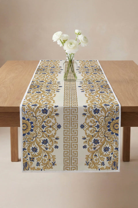 Altın Varak ve Mavi Barok Motifli Runner